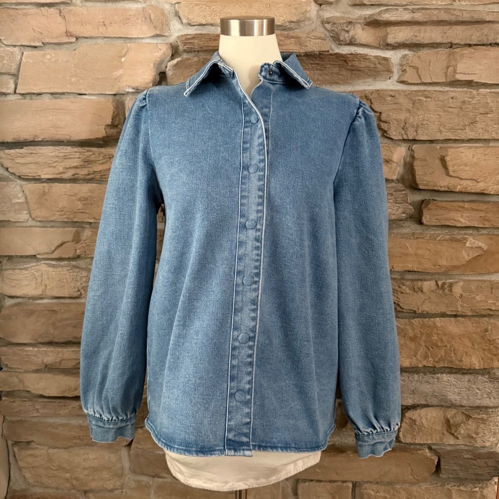 Bagatelle Collection Womens Medium Wash Puff Sleeve Denim Snap Front Shirt M